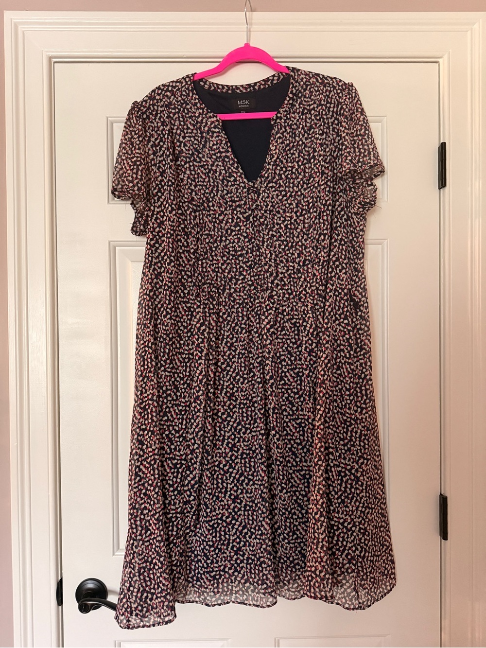 MSK Black Dress with Pink Floral Print, V-Neck Midi